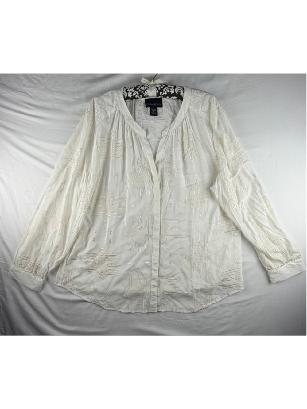 Cynthia Rowley Blouse 1X White Embroidered Boho Peasant Top Long Sleeve Flowy